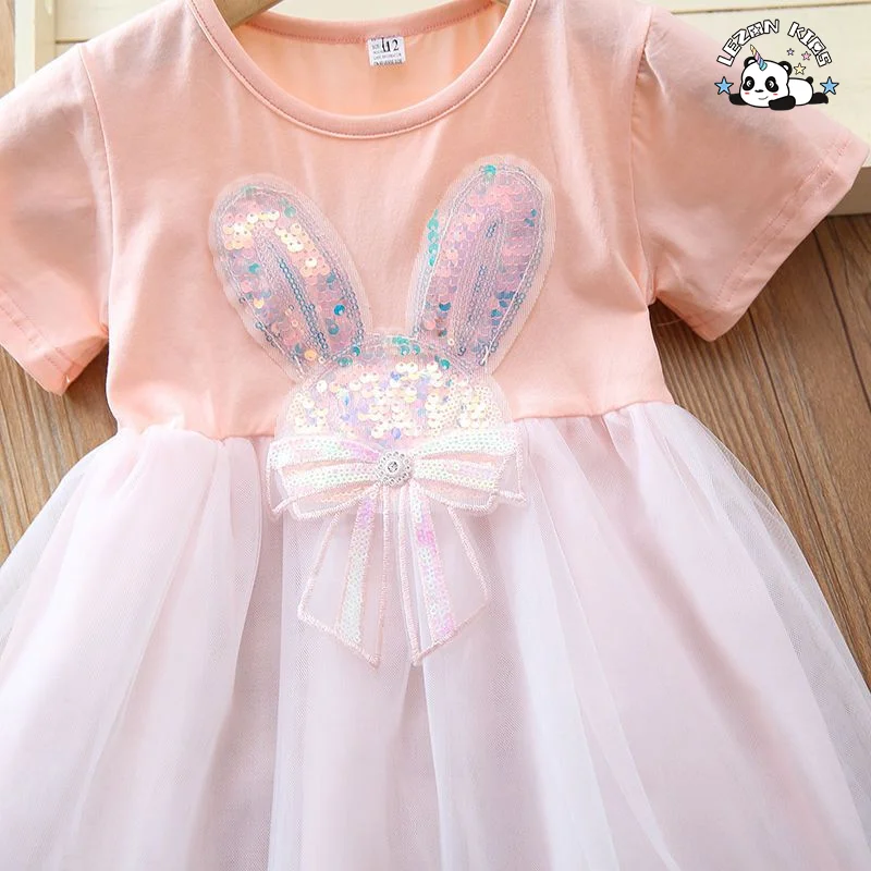 LEZONKIDS - Customizable Hot Selling Short Sleeved Fresh Dress Sequin Embroidered Rabbit Ears Mesh Daily Life Girls Dress